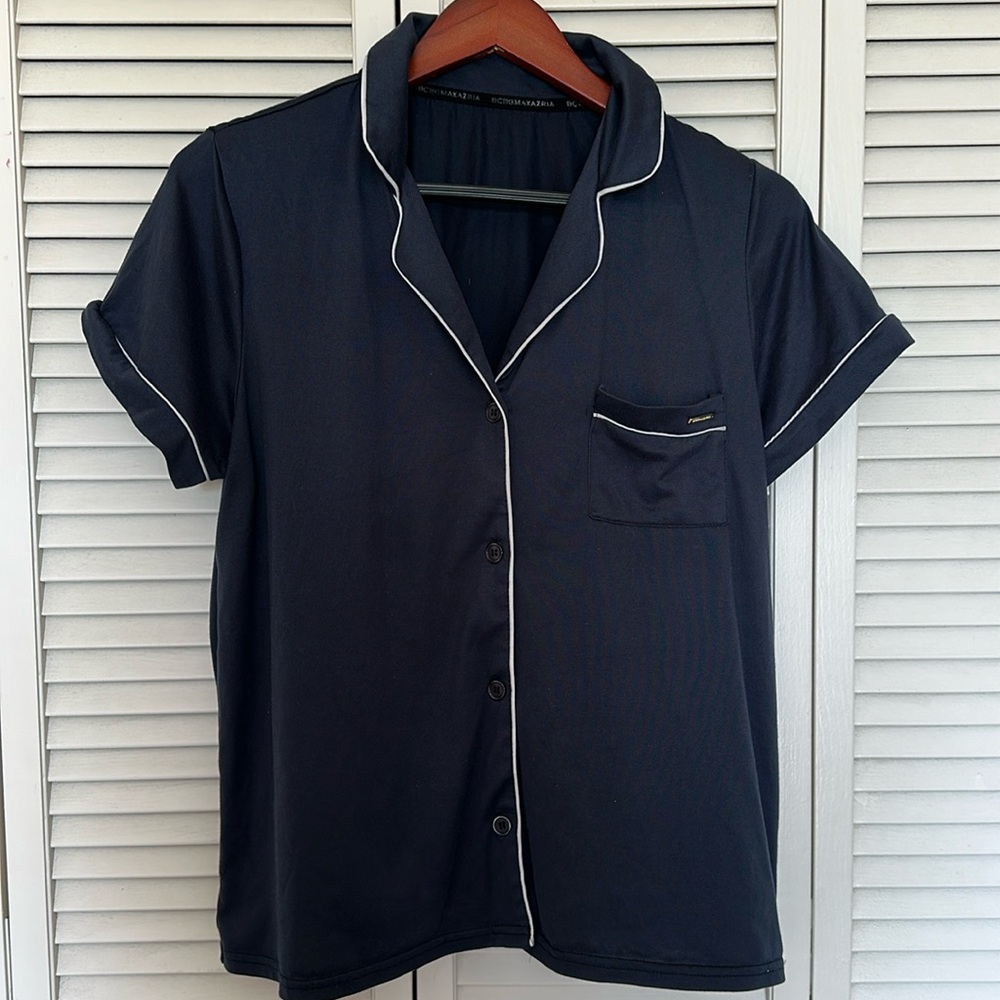 BCBGMAXAZRIA Women's Pajama Set Short Sleeve Notch Collar with Pants-NAVY/WHITE - Picture 3 of 8